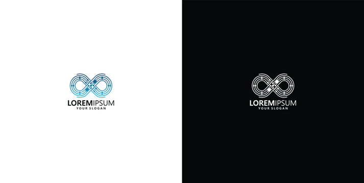 Abstract technology infinity loop logo template with digital circuit network connection lines for modern brand identity