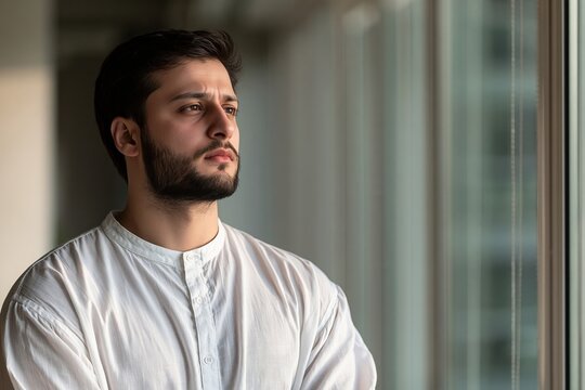 Thoughtful bearded man looking out large window in modern apartment with natural light