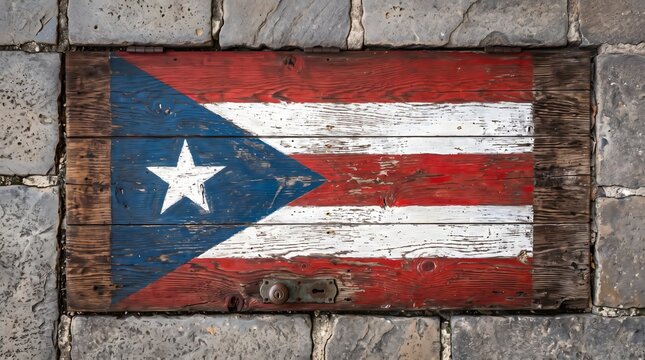 Puerto Rican flag painted on a textured wooden door featuring weathered red blue and white colors in a rustic style