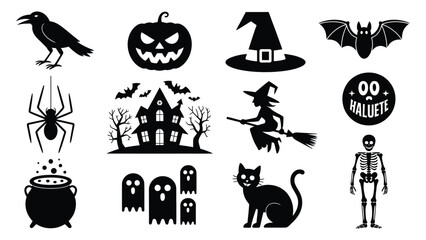 Fototapeta premium Halloween-themed black and white vector icons set