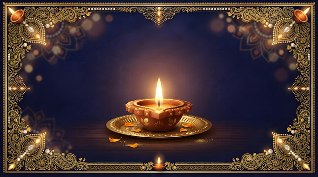 Beautiful diwali diya indian festival background featuring a glowing oil lamp for a traditional hindu festival celebration and festive lights