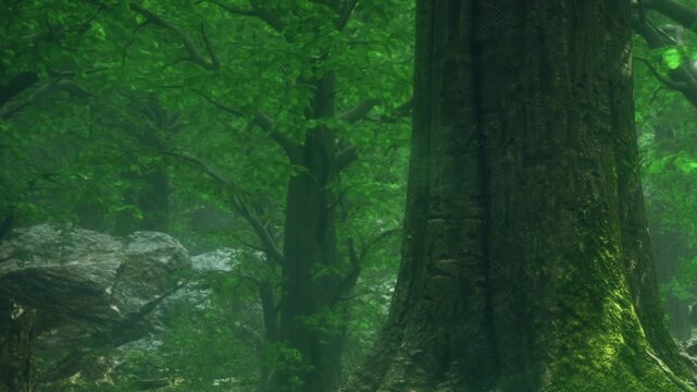 Tall trees with green leaves fill the forest. Large rocks are visible among the trees. The setting shows nature with many plants and a rich environment. Light filters through the leaves.