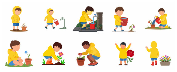 Fototapeta premium Set of little boy character gardening in yellow raincoat, watering plants and growing flowers in flat vector illustration style