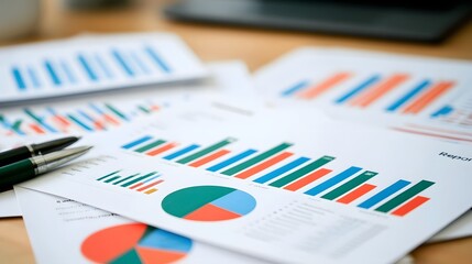 Obraz premium Stacked financial charts and graphs on a wooden desk with pens and printed reports for business analysis