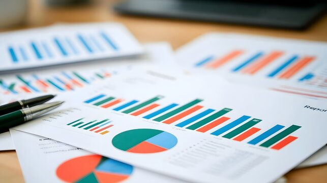Stacked financial charts and graphs on a wooden desk with pens and printed reports for business analysis