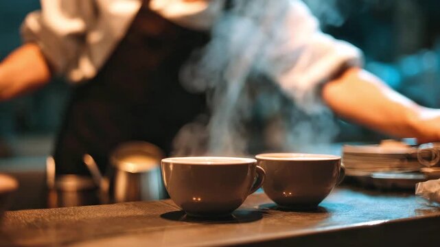 Hot coffee in cups with steam on a wooden bar counter in a cafe. A barista in an apron is visible at work in a blurred background