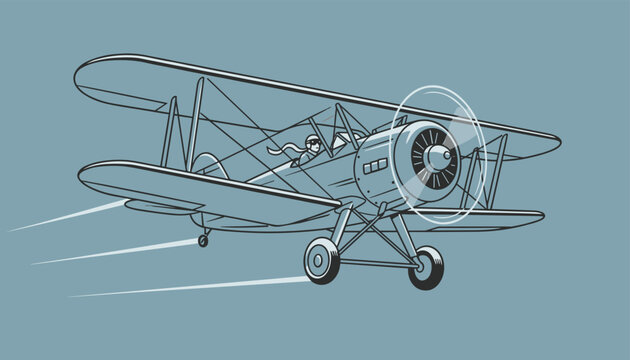 Vintage biplane aircraft flying high in the blue sky with pilot and spinning propeller illustrated in comic style.