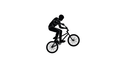 Naklejka premium Black silhouette of a bmx rider performing an aerial trick jump on a bicycle isolated on a white background.