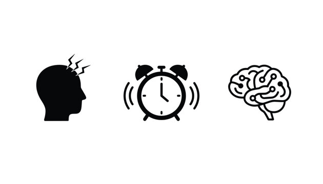 Black silhouette icons of a human head with stress lines, a ringing alarm clock, and a brain with electronic circuits.