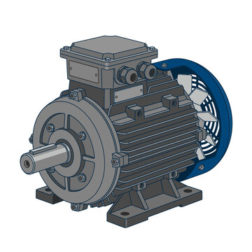 An industrial electric motor with a gray body and a blue fan cover, depicted in a clean, technical illustration.