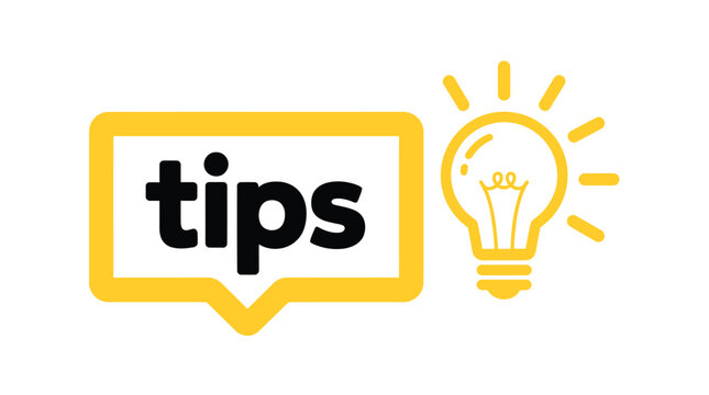 Quick tips speech bubble icon, bright lightbulb idea symbol with helpful advice label for creative suggestions, solutions and modern communication design.