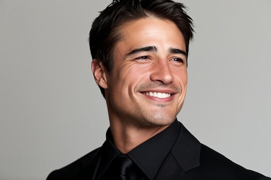 Handsome young man wearing a black suit and tie smiling warmly against a neutral background