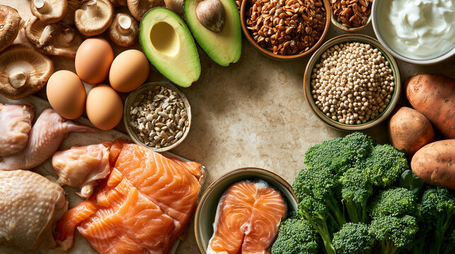 Overhead Flat Lay of Natural Foods High in Vitamin B5 Pantothenic Acid