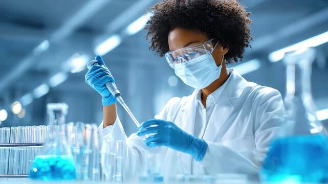 A focused female scientist in protective uniform holds a pipette and conducts research in a modern laboratory. The concept of science, biotechnology, pharmaceuticals, healthcare