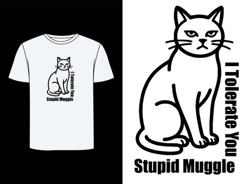 A black and white vector illustration depicts a seated cat with a displeased expression and accompanying text feline domestic animal