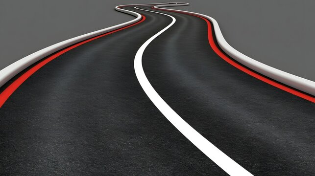 A winding black asphalt road with red and white curbs curves forward against a plain gray background