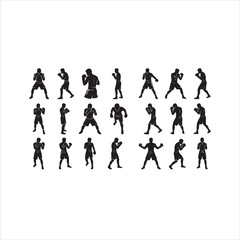 Obraz premium Set of black boxing silhouettes in varied fighting stances and athletic punch poses