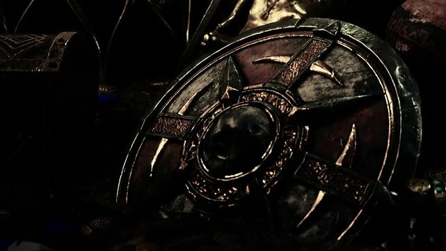 A collection of old artifacts is displayed on a dark surface. There are coins, a shield, and a small chest. The light reflects off the items, creating shadows around them.