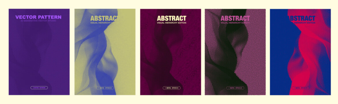 Halftone gradient poster templates set. Vector smoke wave dot pattern covers in purple, yellow, magenta and blue for modern editorial design.