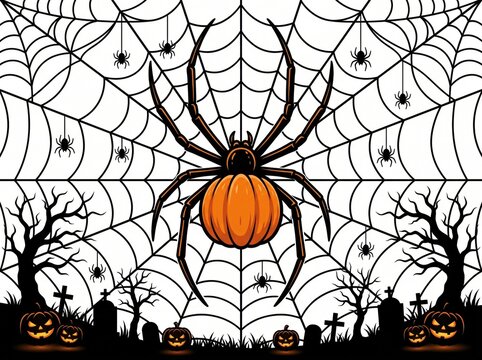 Halloween background with a giant pumpkin spider in a web, spooky cemetery, gravestones, and bare trees, vector illustration