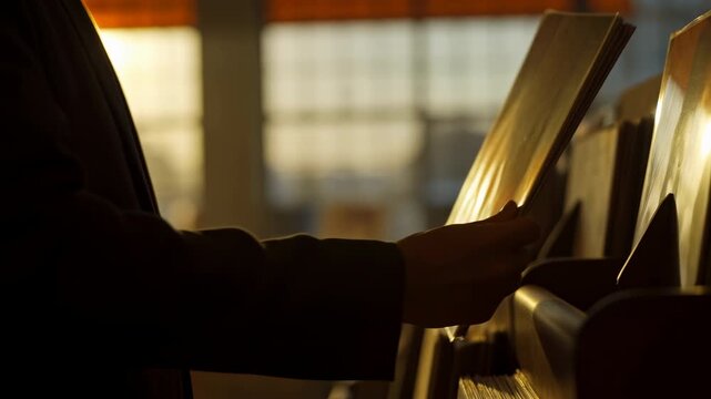 Person browses vinyl records in store bins, flipping through album sleeves and lifting one selection upright while warm sunlight streams across shelves and hands
