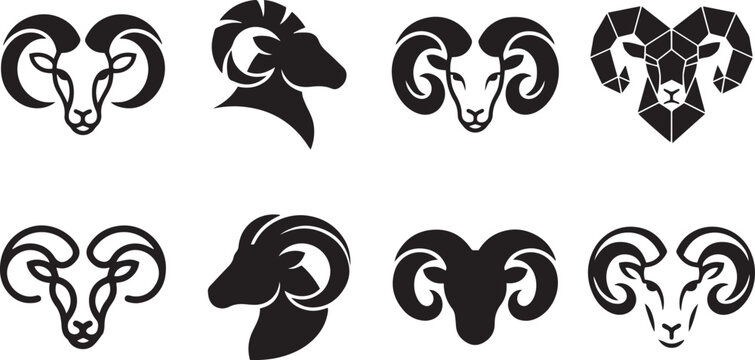 Set of black and white ram head icons featuring various stylized horned sheep designs for logo branding