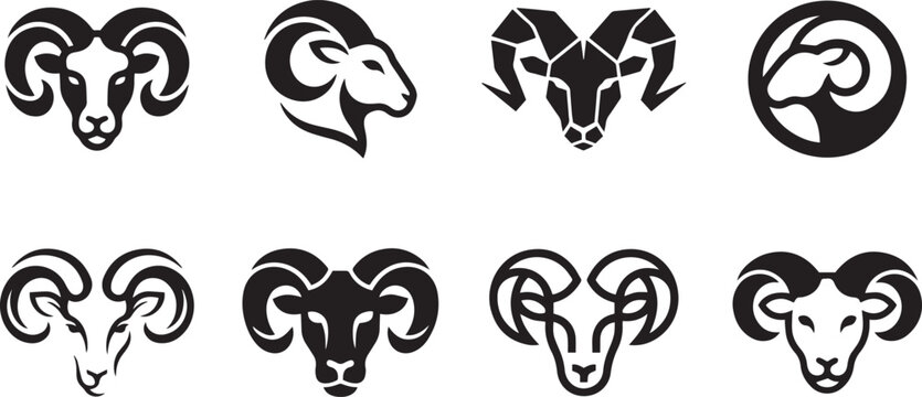 Set of black and white ram head icons featuring various stylized designs for logos and graphic projects