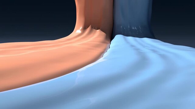 Glossy orange and blue liquid streams flow downward and spread across smooth reflective surfaces, meeting at center against a dark background with soft highlights and curved folds