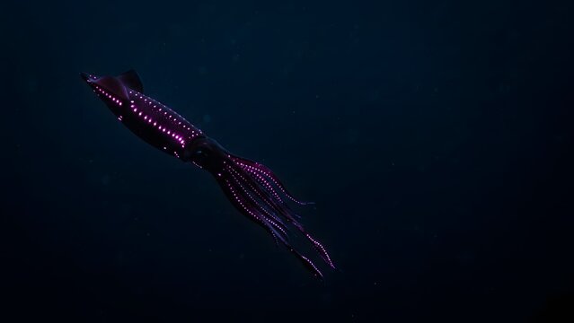 Bioluminescent squid glowing with pink lights in deep dark ocean water, digital art