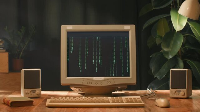 Retro pc with loading code console, programmer making scripts, green basic screen, Old computer studio close-up, Desktop vintage retro wave display, late 90s PC.