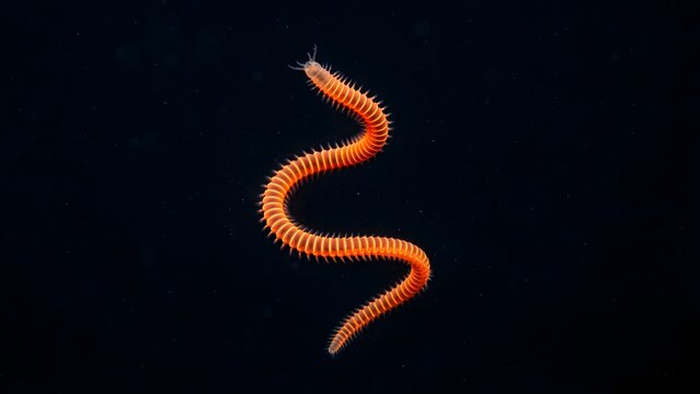 Vibrant orange segmented marine worm swimming in dark water