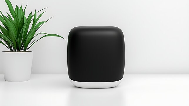 Black smart speaker beside a white potted plant.