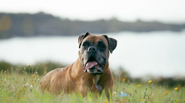 Beautiful purebred boxer dog lying on the grass in a park. The cute animal is relaxing in a field with a blurred seascape in the background