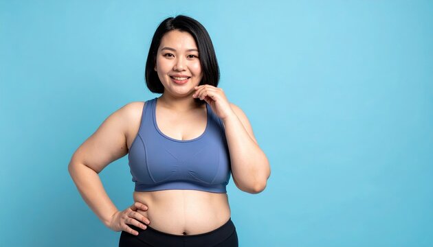 Overweight woman on light blue background, weight loss concept