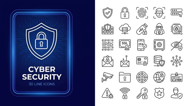 Cyber security vector line icon set banner template 30 icons network data protection cloud firewall virus outline modern UI illustration
