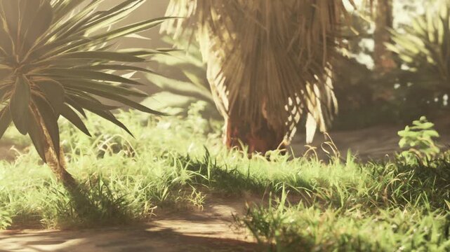 Sunlight casts light on green grass and plants in a natural area. The scene shows a tranquil path surrounded by greenery during the day.