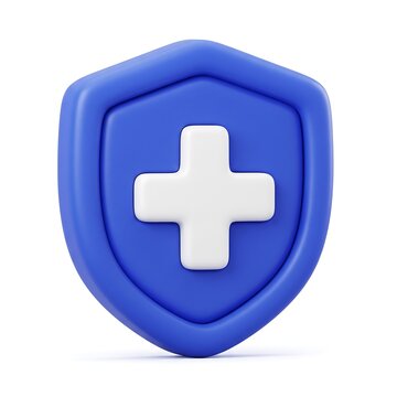 3D Blue medical shield icon with a white cross symbolizing health protection security shield first aid