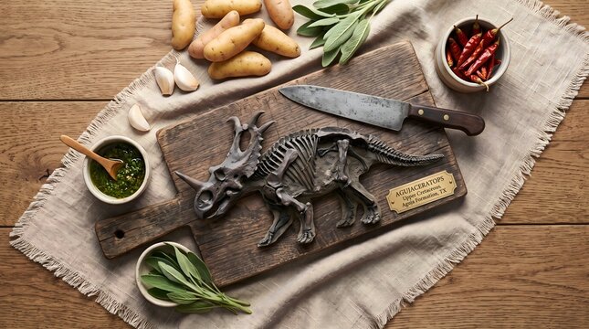 Fossilized Agujaceratops dinosaur skeleton figurine resting upon dark wooden cutting board with a rustic kitchen knife and fresh raw vegetables