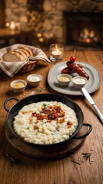 Traditional Slovak Bryndzove Halusky Potato Dumplings with Sheep Cheese, Fried Bacon and Grilled Pork Sausages Served in a Cozy Restaurant