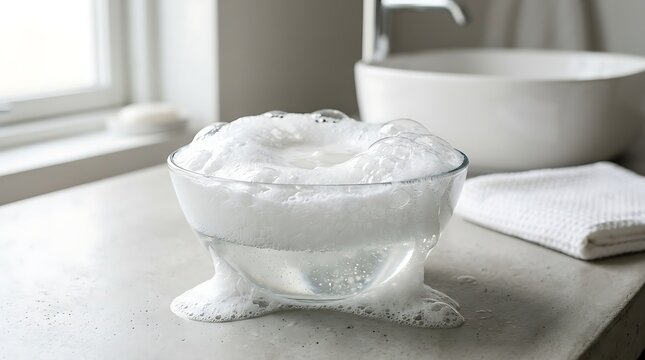 Bubbling soapy water overflows from a glass bowl on a bathroom counter