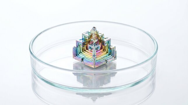Iridescent bismuth crystal in a glass petri dish for scientific research and laboratory study