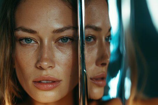 Woman's face reflected in polished metal panel with geometric distortion