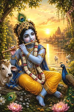 Lord Krishna Playing Flute with Peacock at Sunset by a Sacred Temple