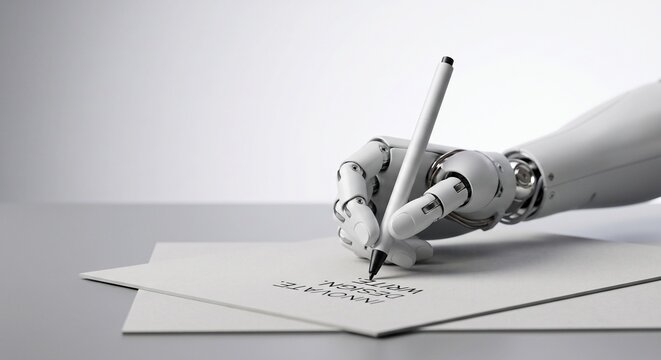 A sleek white robotic hand holding a minimalist pen in a writing posture against a clean grey-to-white gradient background.
