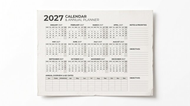 A simple and clean annual calendar and planner for the year 2027 on white background.