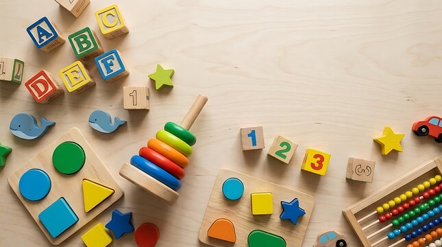 Children's wooden toys arranged on a light wood surface, educational and playful