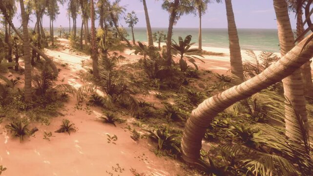 A tropical beach scene shows tall palm trees and a sandy path leading to the ocean. Green plants fill the area. The sun shines on the sand and water creating a warm atmosphere.