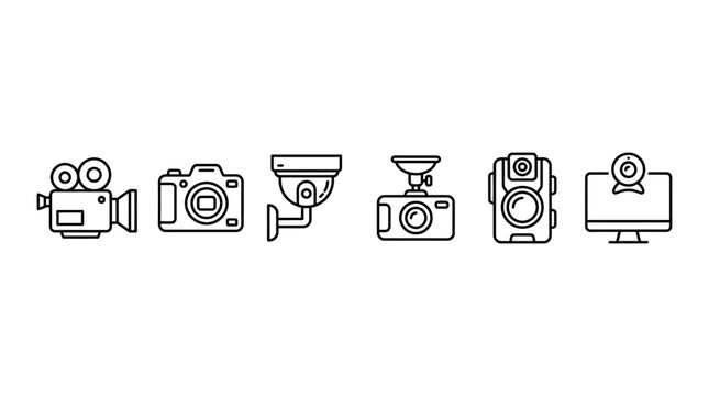 Minimalist vector line art set of modern digital recording devices, including cameras and video equipment for graphic design projects