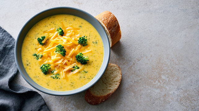 Creamy broccoli cheddar soup topped with shredded cheese and served with crusty bread in a bowl with copy space