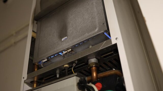 Heating season begins as a home heating unit starts working again bringing warmth indoors while exposed components reveal the equipment returning to daily operation again